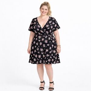 No Comment Plus Size 2X Black Floral Wrap Dress Ruffle Sleeve